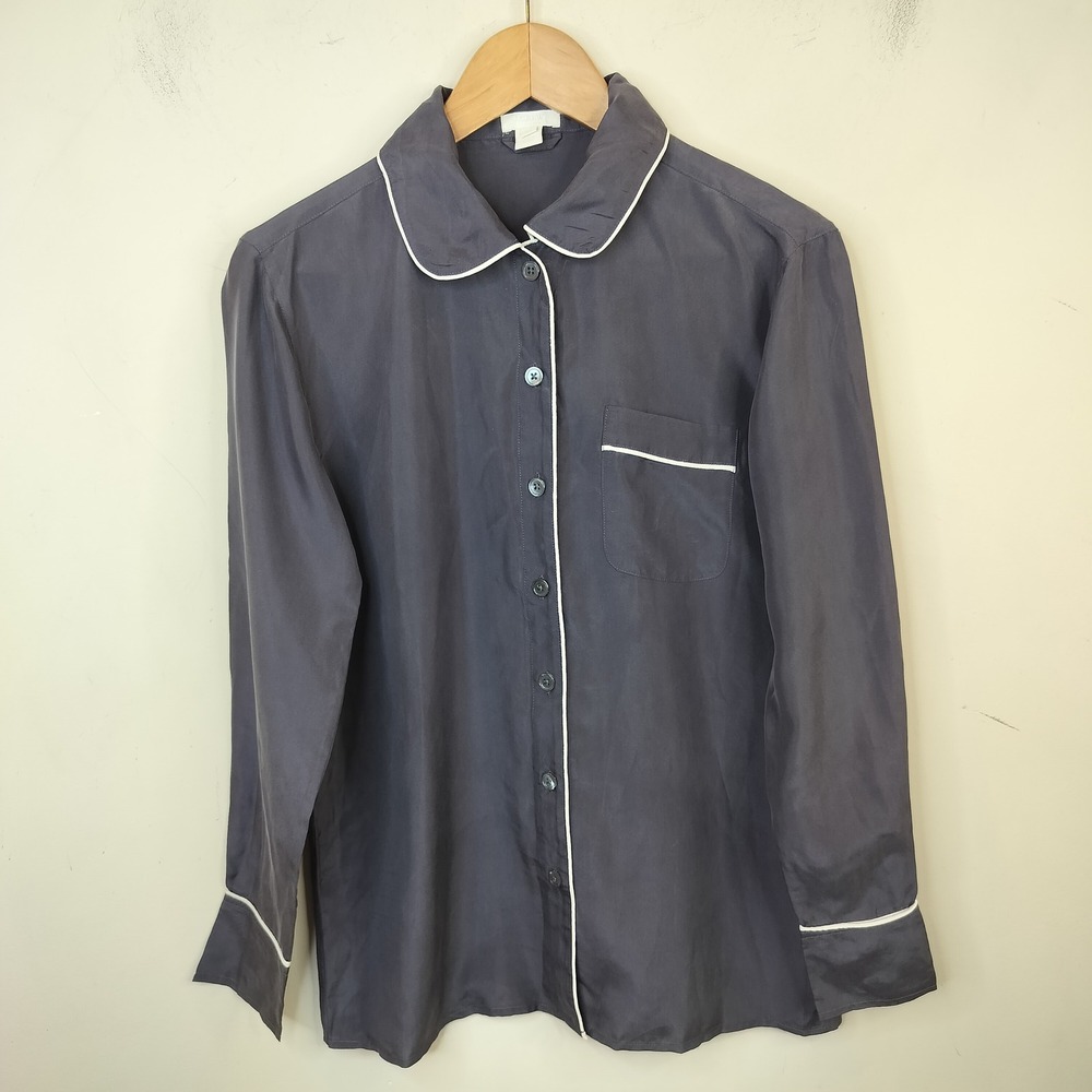 J.Crew Collection Silk Pajama Style Top XS Piping Button Down Gray Blouse